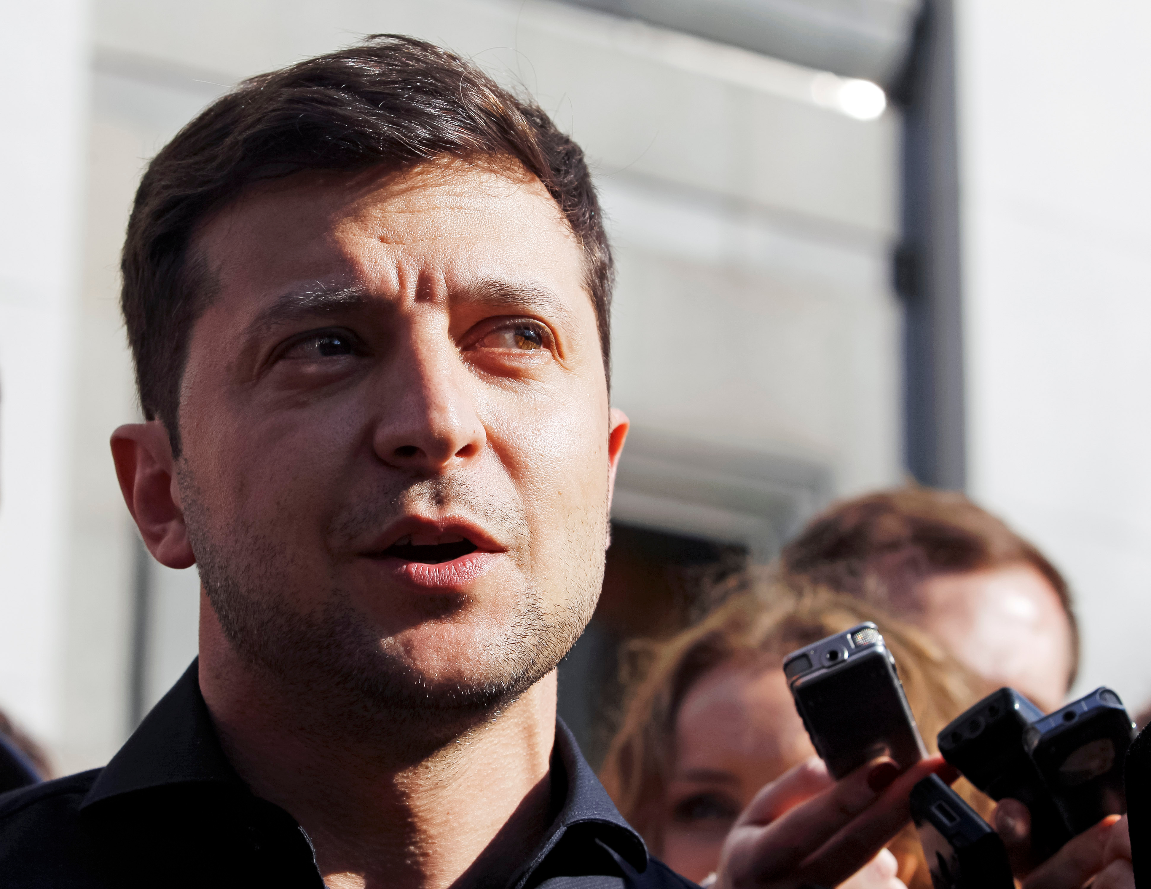 Newly elected Ukrainian President elect Volodymyr Zelensky speaks to journalists after meeting with leaders of some parliament factions in Kiev, Ukraine, 04 May 2019.