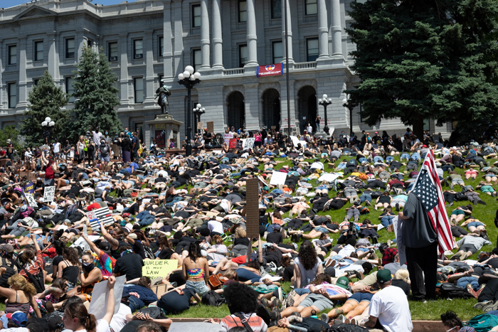 Black Lives Matter protestors in front of the Colorado State Capitol in Denver on May 30, 2020