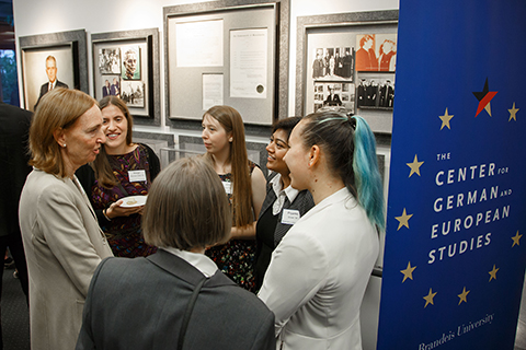 Ambassador Emily Haber speaking to a group of Brandeis students and alumni, including Margo Worman-Heller '20, Julia Karr '19, Priyanka Grover '18 and Tamar Forman-Gejrot ’16.