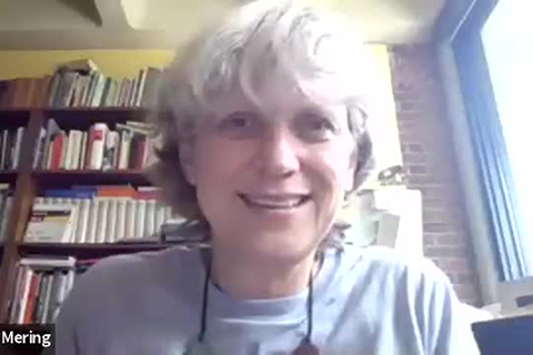 Photo of Sabine von Mering smiling hosting a zoom webinar