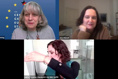 Picture of three speakers hosting a Zoom webinar