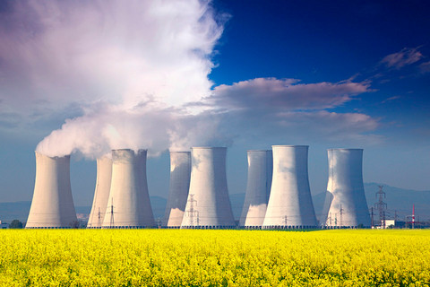 Nuclear plant behind a field of yellow flowers
