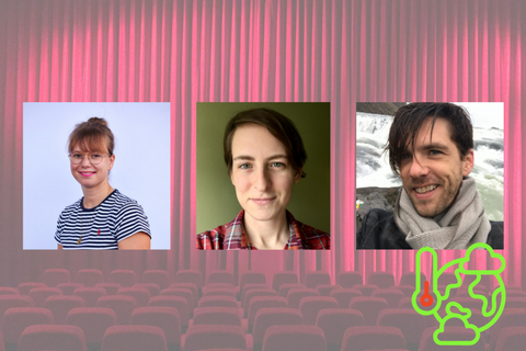 3 speakers smiling on the backdrop of red theater curtains