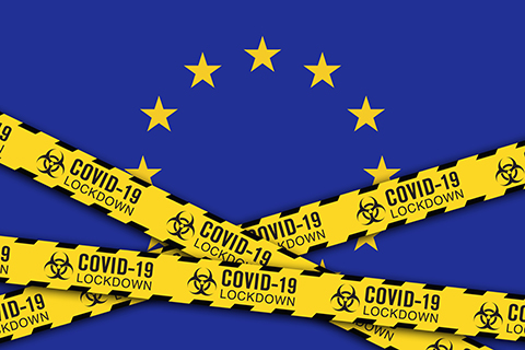 EU flag with covid caution tape across it