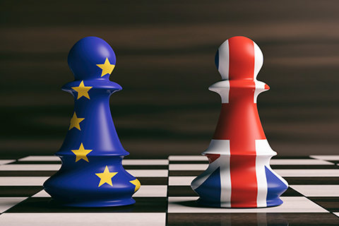 2 chess pieces painted as the British flag and the EU flag