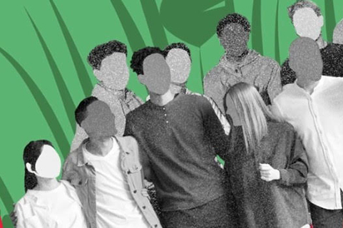 Green background with cartoon people without faces in black and white