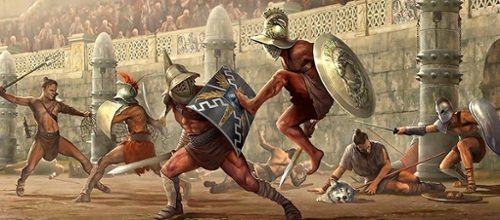 A painting of a duel, with multiple men fighting each other