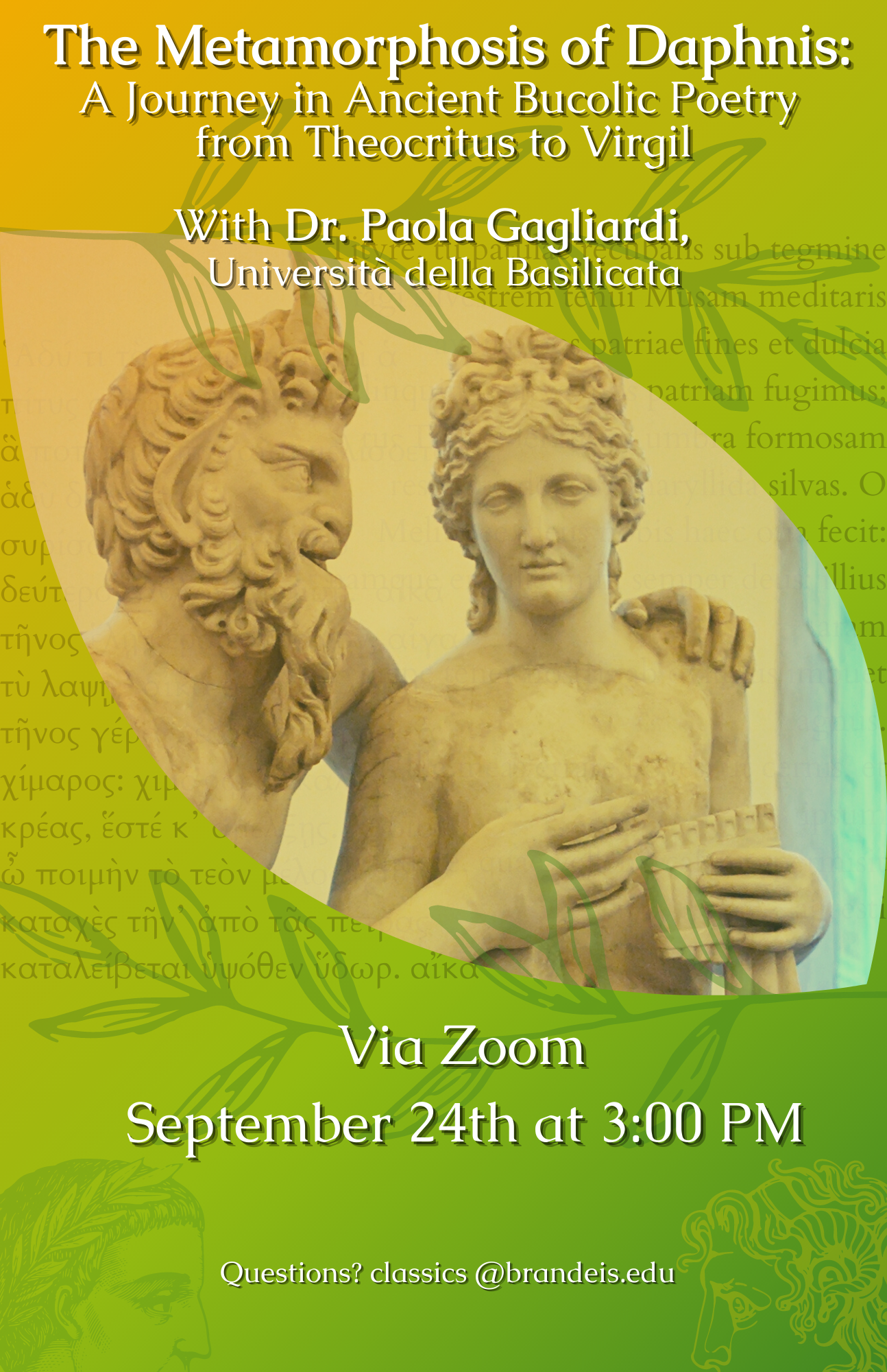 Digital Flyer for Dr. Paola Gagliardi's talk: The Metamorphosis of Daphnis: A Journey in Ancient Bucolic Poetry from Theocritus to Virgil