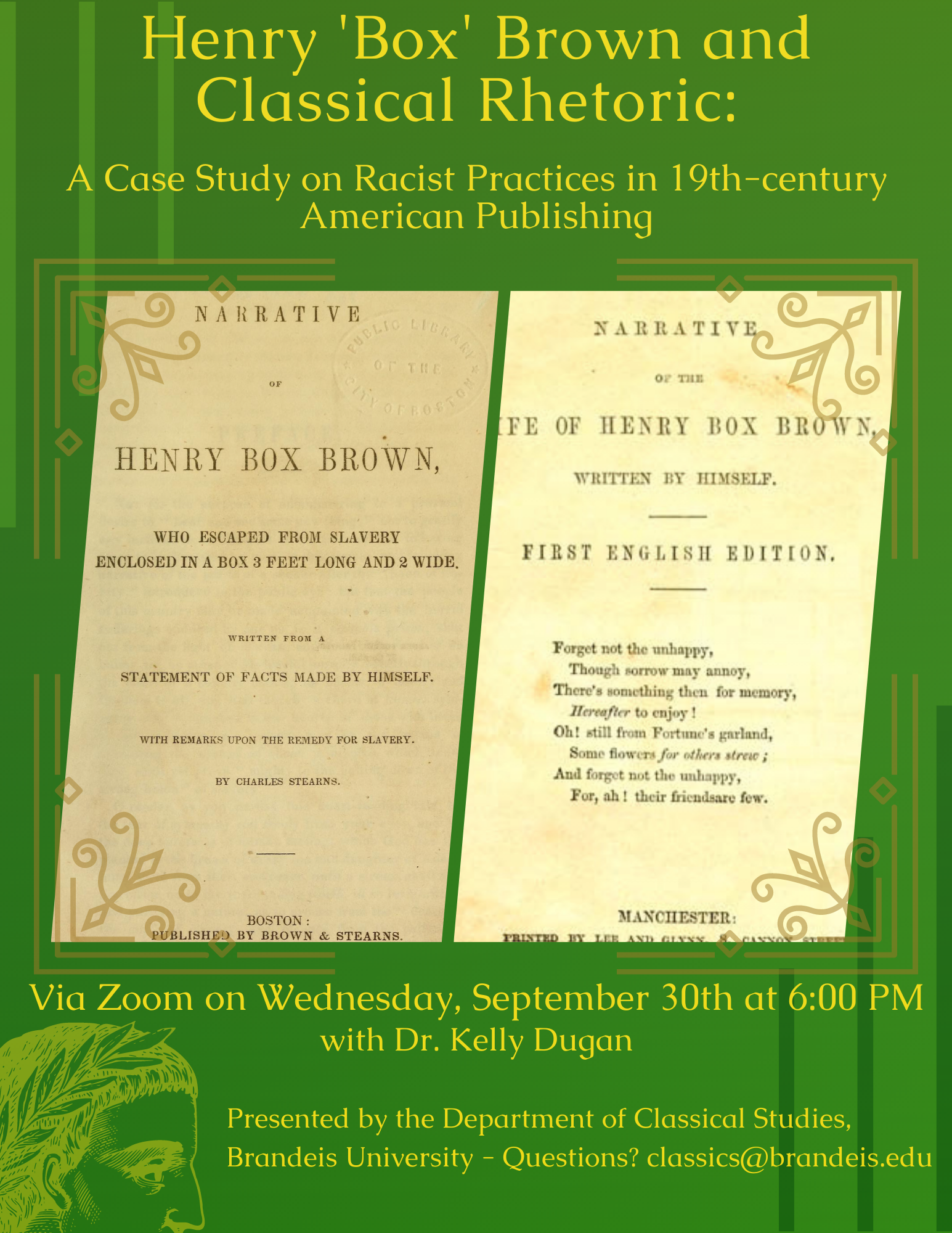 Digital Flyer for Dr. Kelly Dugan's Talk: Henry 'Box' Brown and Classical Rhetoric