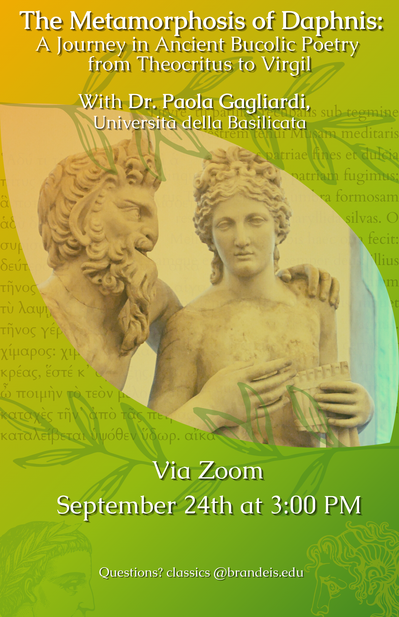 Digital Flyer for Dr. Paola Gagliardi's talk: The Metamorphosis of Daphnis: A Journey in Ancient Bucolic Poetry from Theocritus to Virgil 