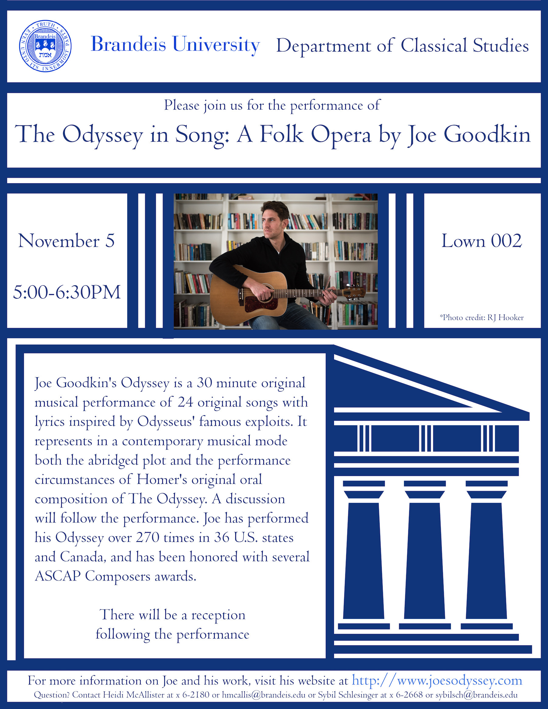 Flyer for performance - Joe Goodkin sits with a guitar n front of a bookshelf