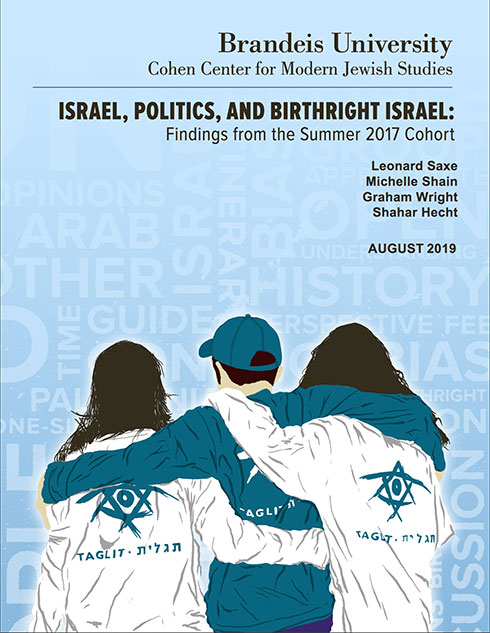 Report cover for "Israel, Politics and birthright Israel: Findings from the Summer 2017 Cohort" Leonard saxe, Michelle shain, Graham Wright, Shahar Hecht, August 2019. with illustration of 3 adolescents with arms around each other seen from behind, with
