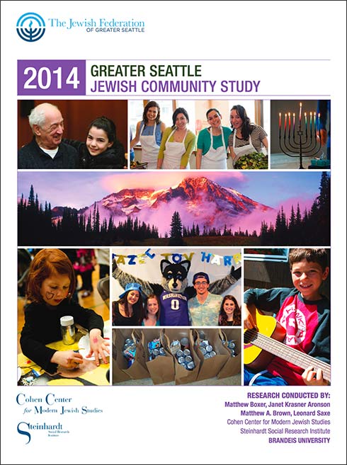 The 2014 Greater Seattle Jewish Community Study cover with pictures of community members of different ages and a picture of the mountains