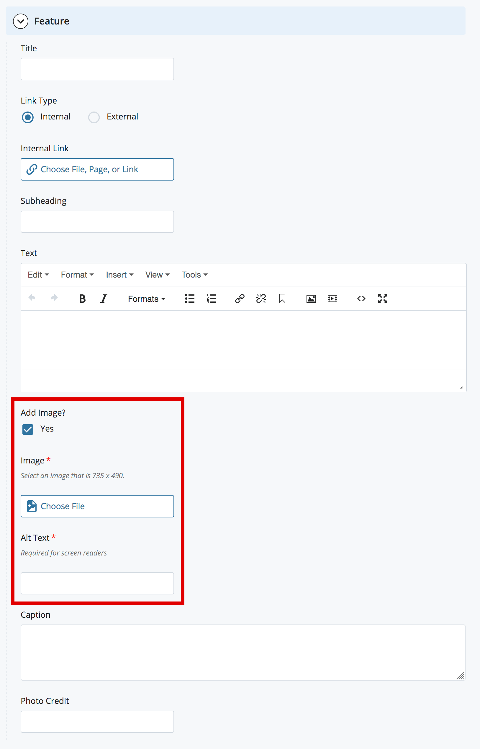 alt text field for feature images in cms