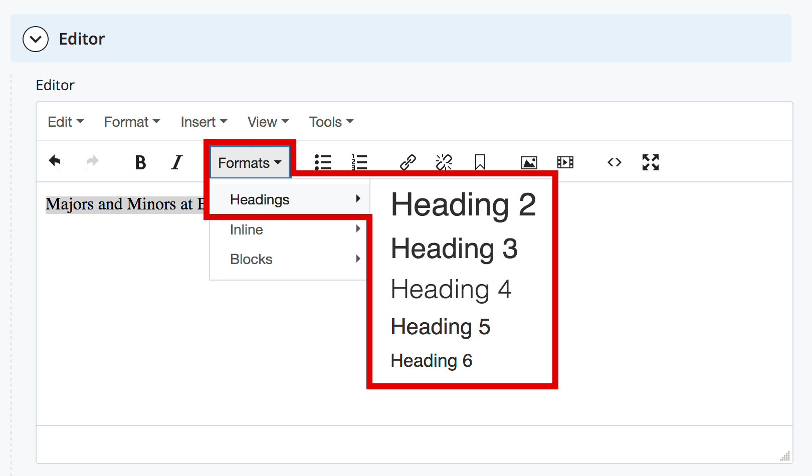 format dropdown menu showing heading styles