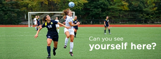 A dynamic play at a women's soccer game, text: can you see yourself here?