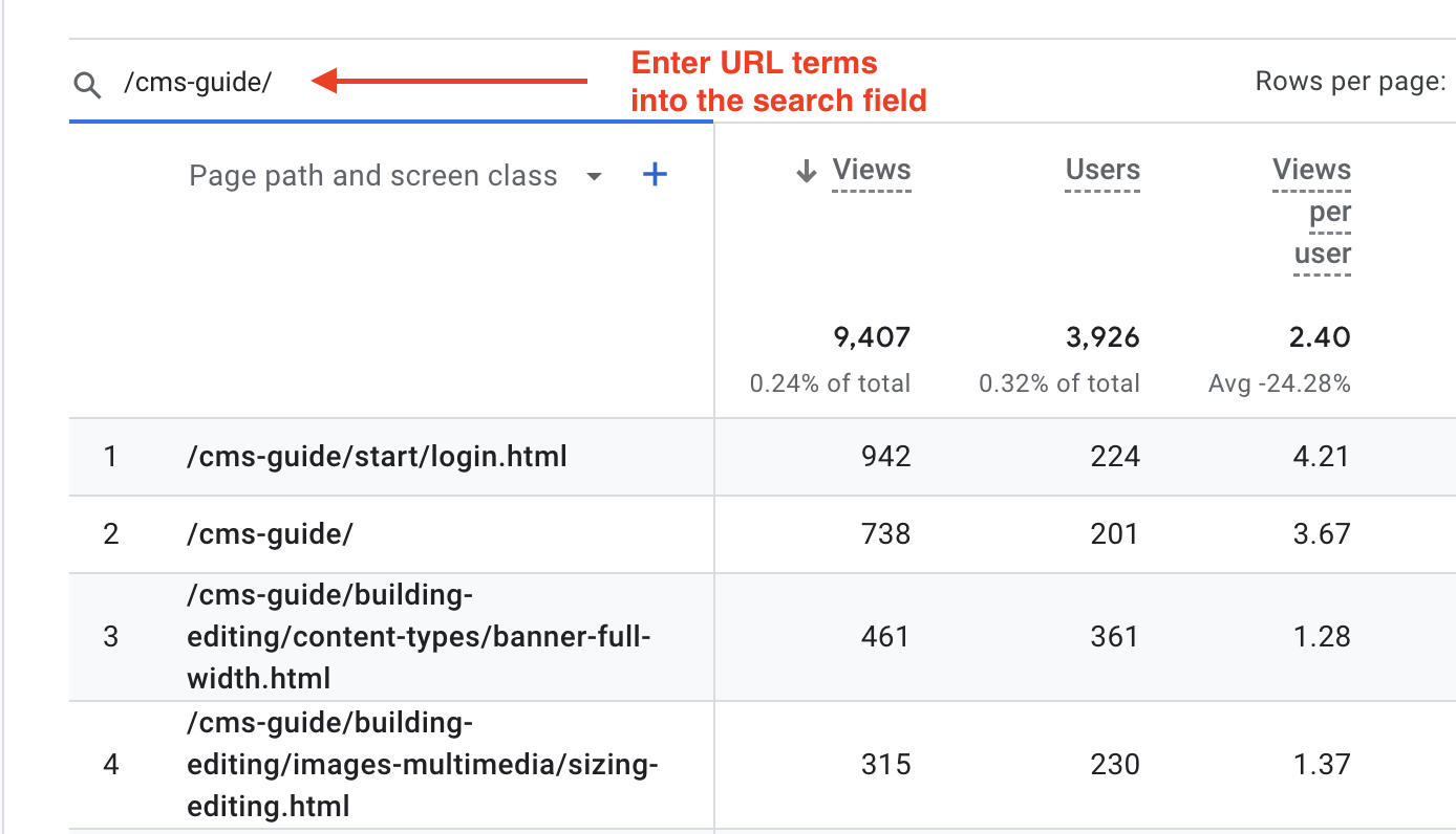 Google analytics report showing how to add URL text into the search box. 