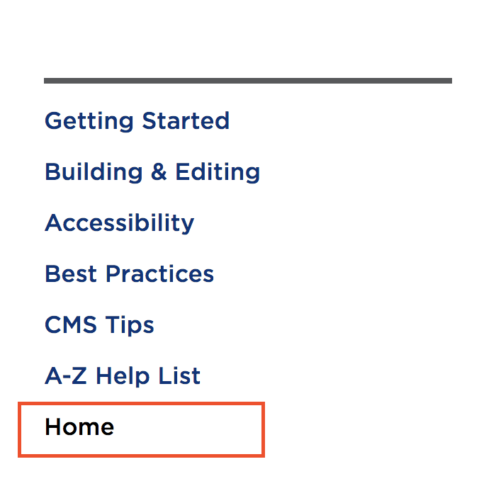 CMS Guide left navigation showing Home link last