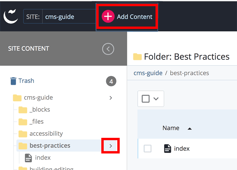 Select placement folder from site content menu; then click on Add Content