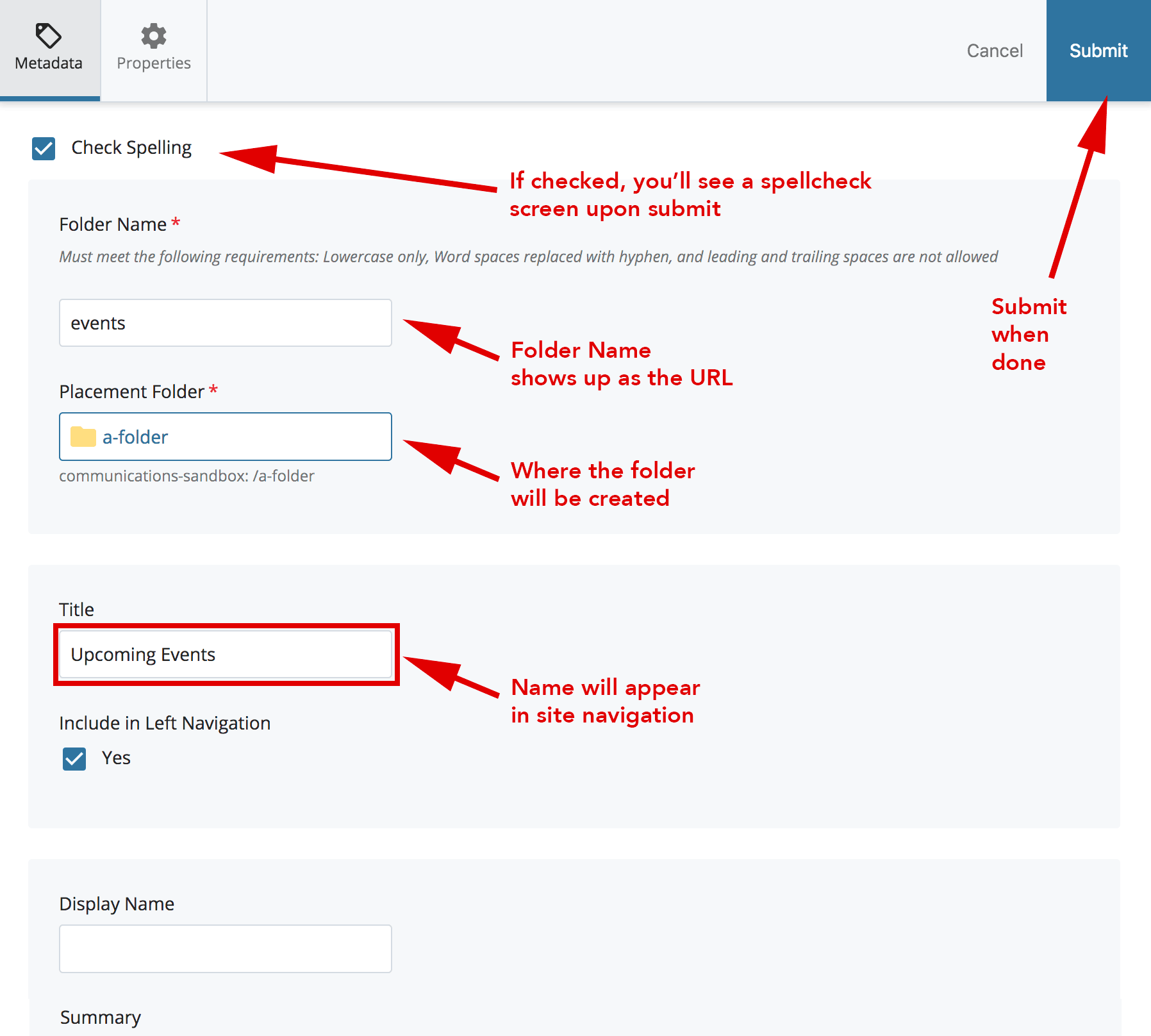 Metadata section displays when you add a new folder