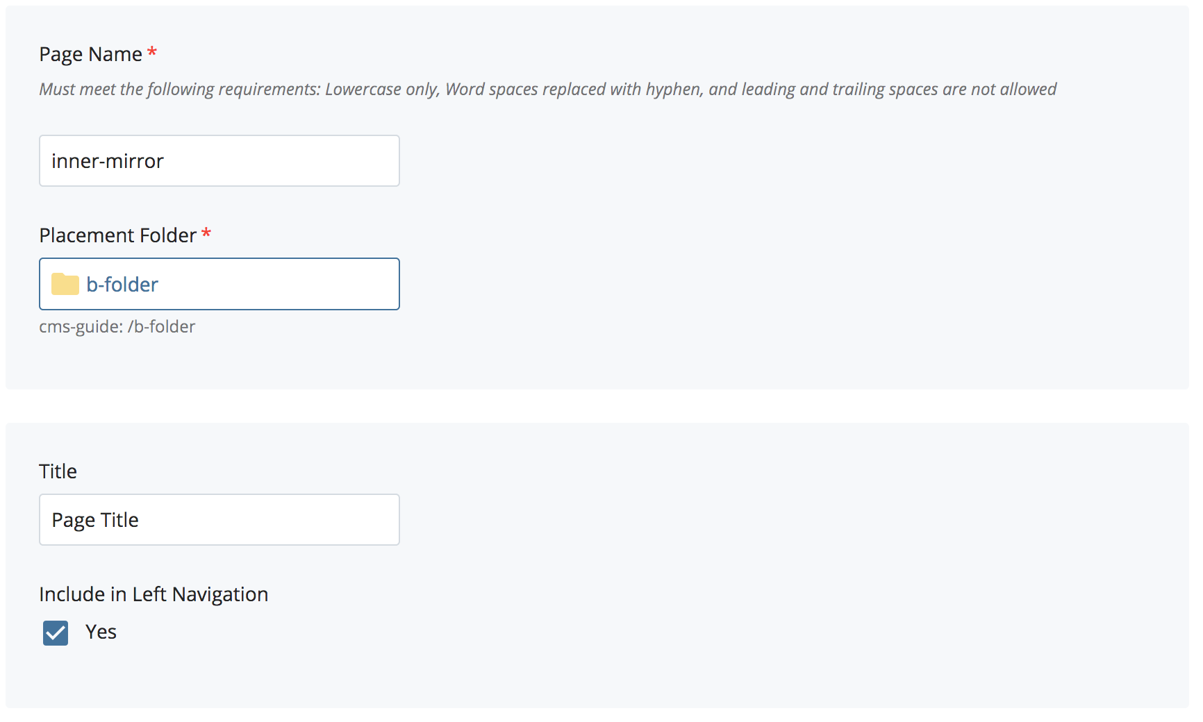 System name and title fields for mirror pages