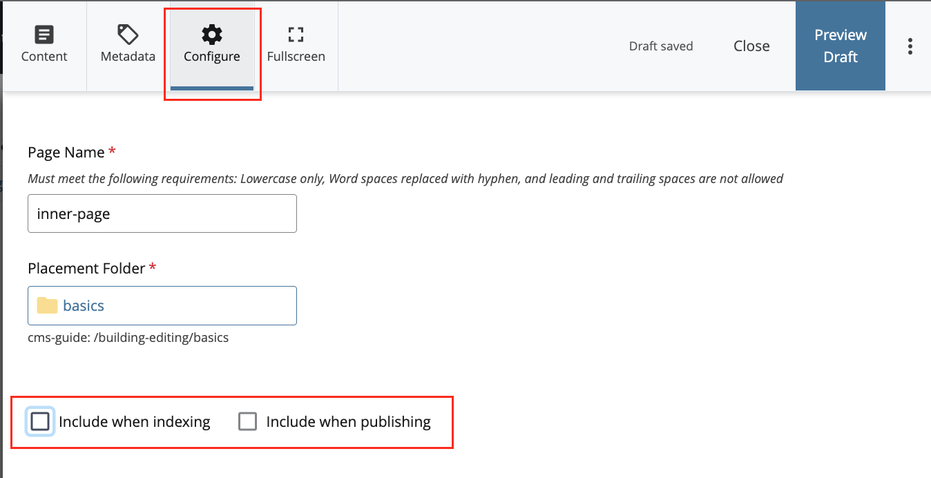 Include when publishing and include when indexing checkboxes