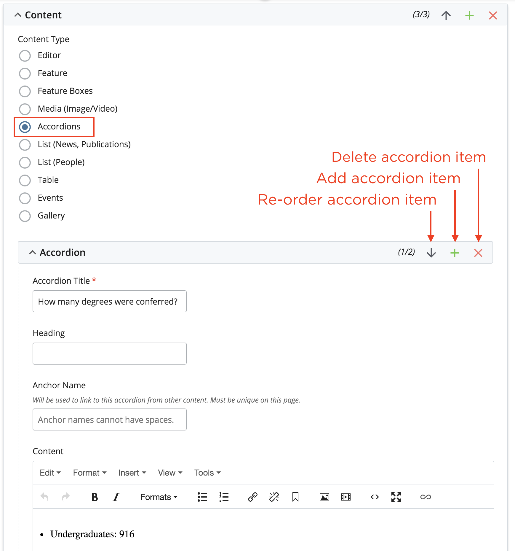 Use the arrow keys to reorder the accordions