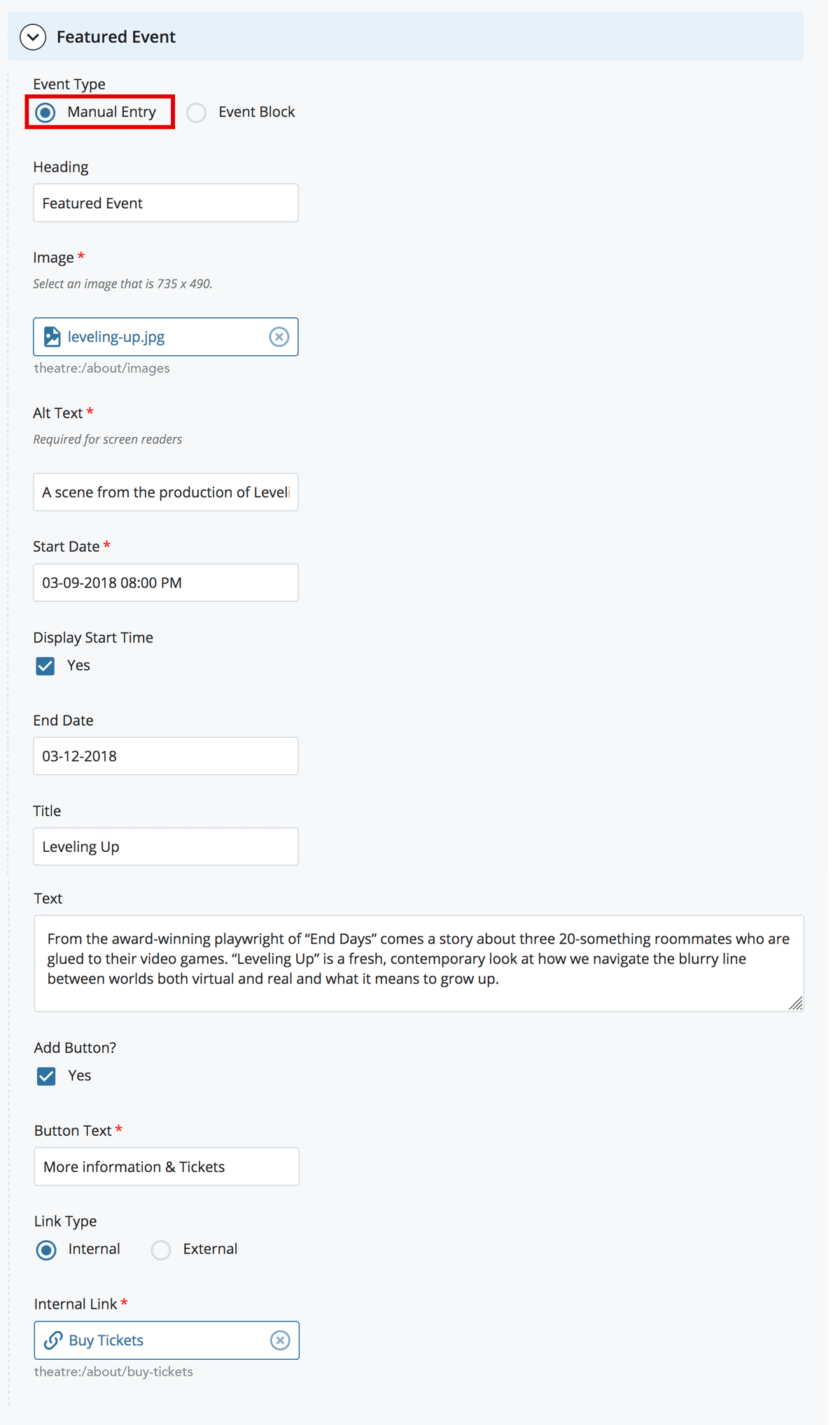 Manual Entry for Featured Event