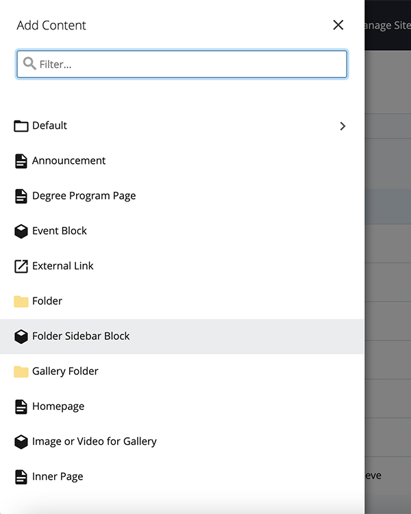 Screenshot of folder sidebar block content type selection within the Brandeis CMS