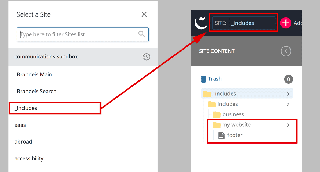 Select _includes from the top dropdown