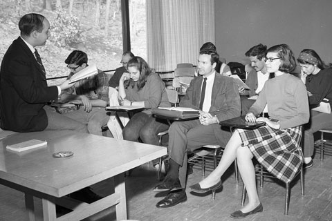 Students attend a class at Brandeis