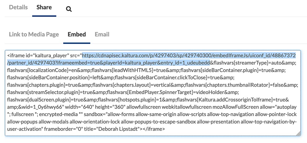 A screenshot of Kaltura embed code with the video URL highlighted.