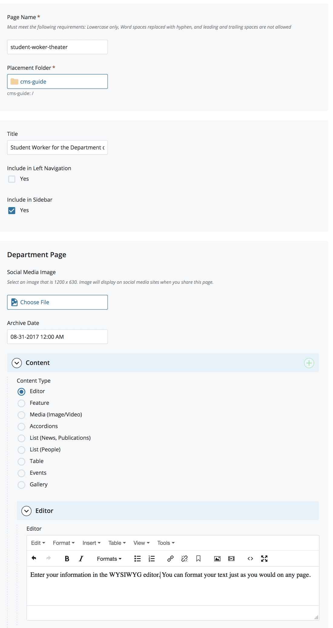 screenshot of fields to fill in when creating a new announcement content type