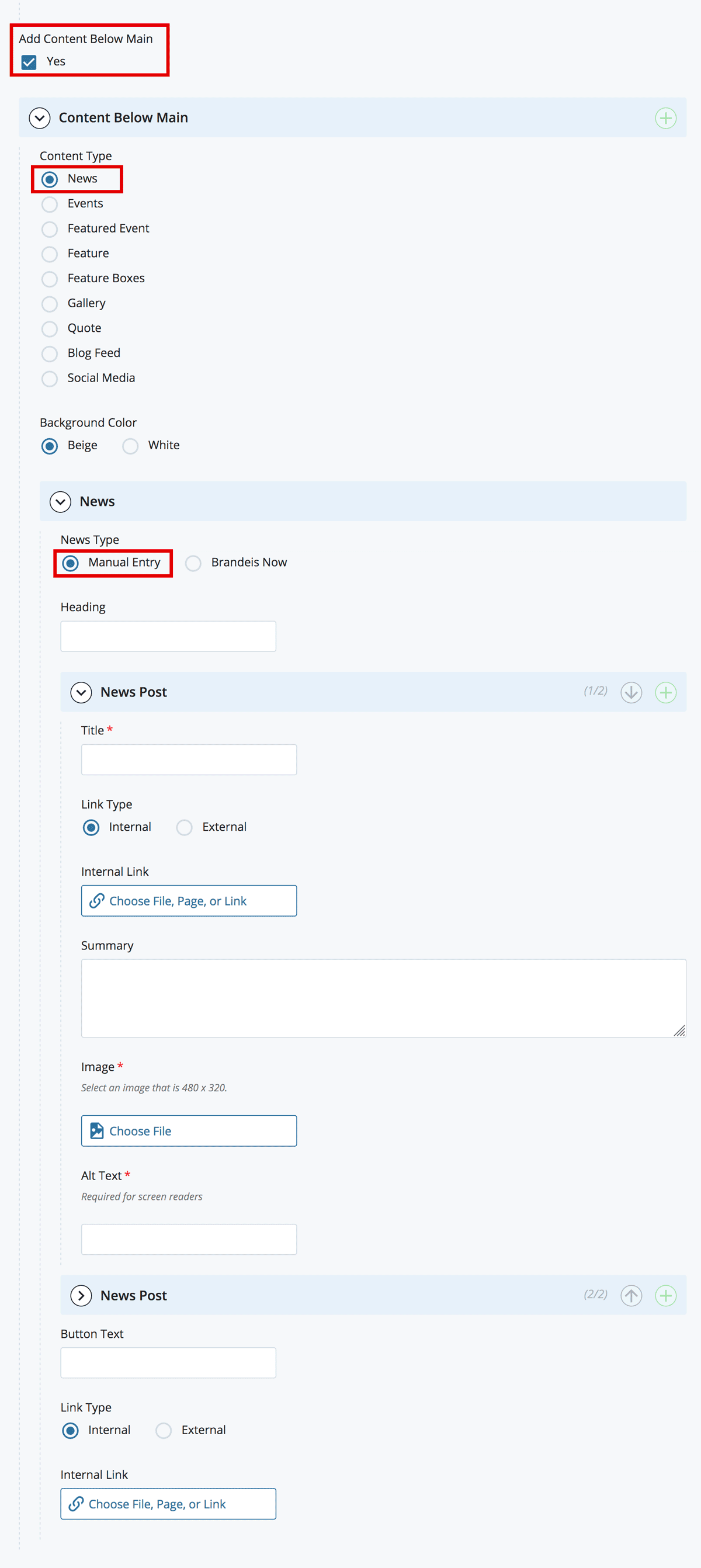 Fields for manual entry of news item