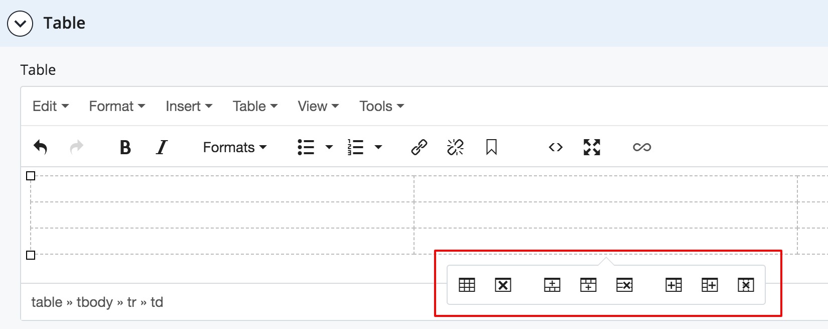 Table icons at the bottom of a table