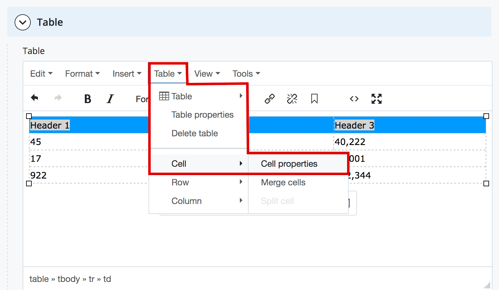 table cell properties