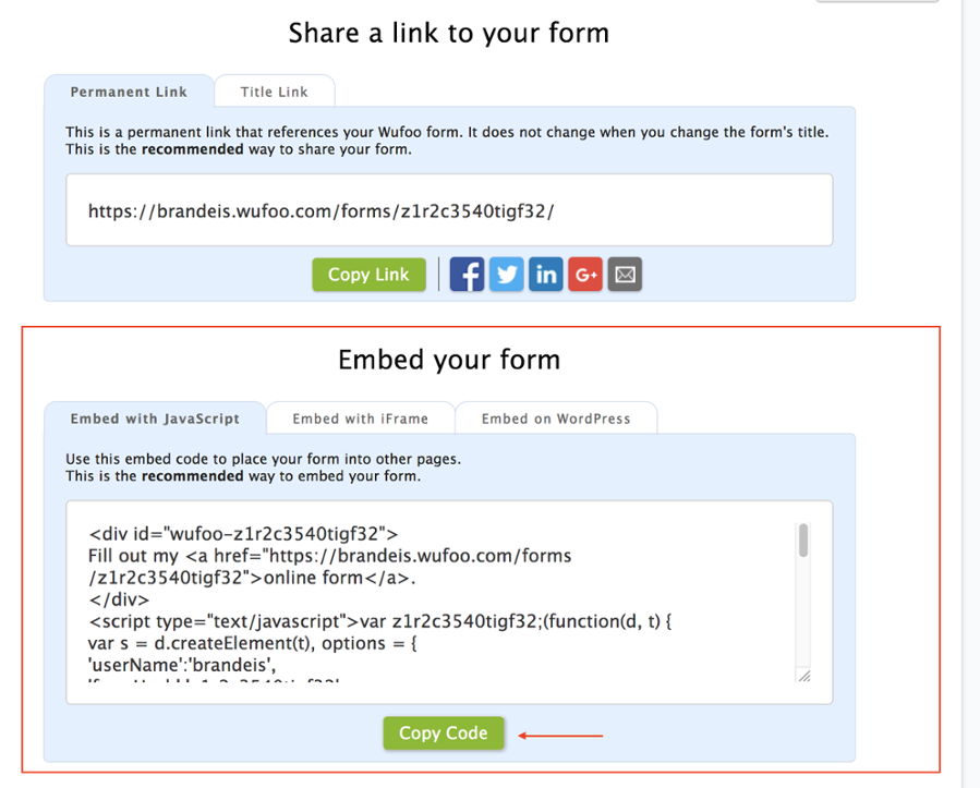 copy wufoo embed code