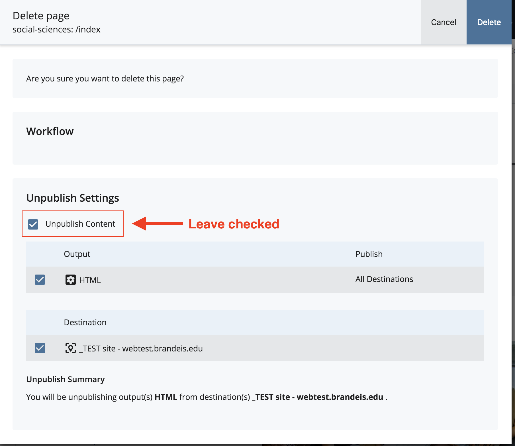 Unpublish checkbox checked and outlined in red, text reads: Leave checked