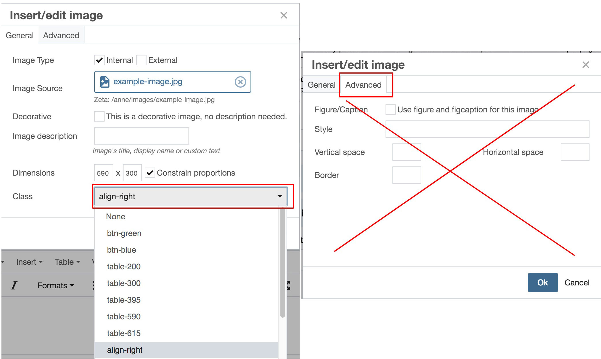 Class align-right outlined in red; Advanced tab crossed out in red