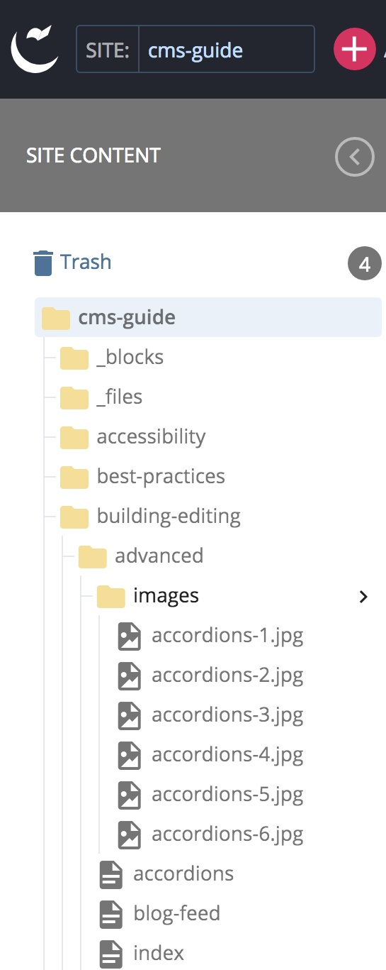 tidy site structure example: all images in an images folder, all pages are in the main folder