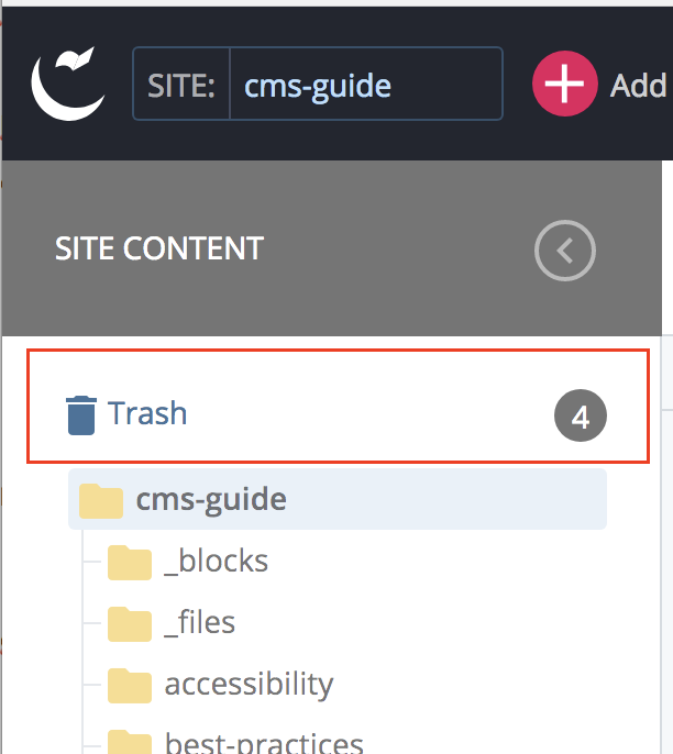 Trash can in site content menu