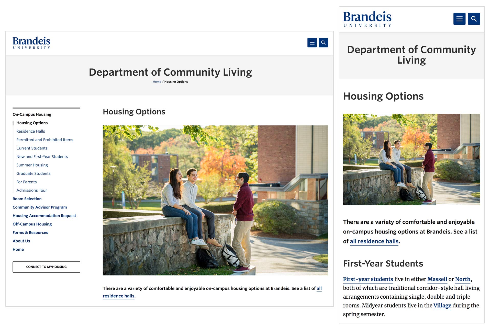 Side by side comparison of the Brandeis homepage on different screen sizes