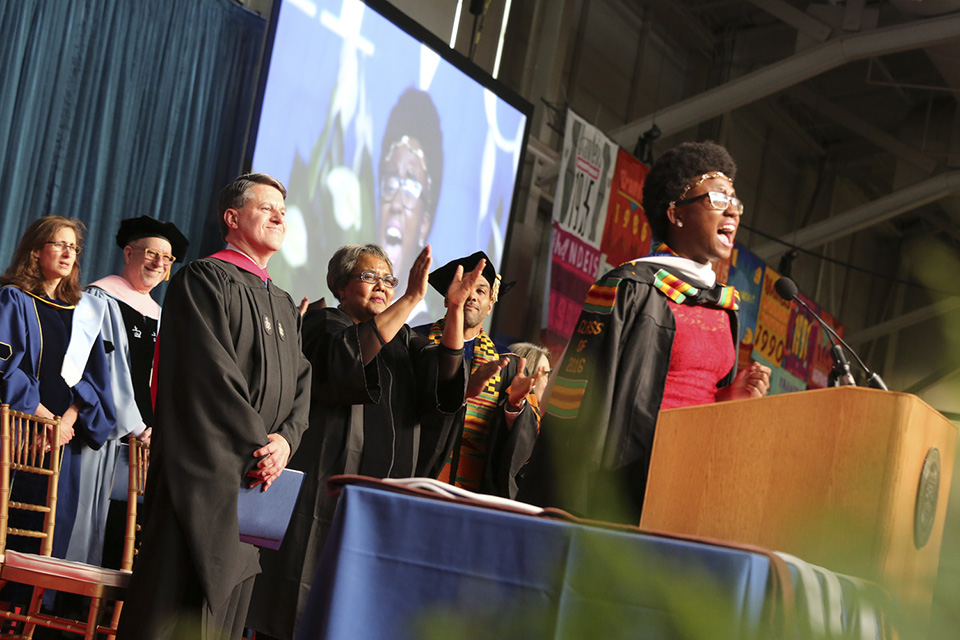 An electrifying performance of the Star-Spangled Banner by Student Union President Nyah Macklin '16.