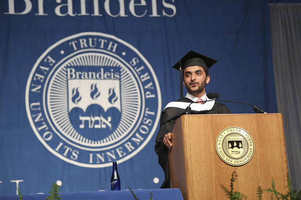 Ahmad Naveed Noormal, MA'16 delivers the graduate student address.
