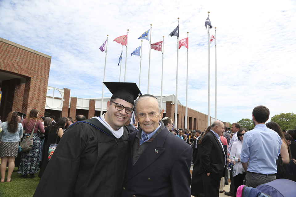 Jordan Anhalt '17 and his grandfather Andrew Burian, a Holocaust survivor who was deported to Auschwitz when he was only 13, celebrate a very memorable day at Brandeis. Mr. Burian was recognized by President Ron Liebowitz in his address to graduates.