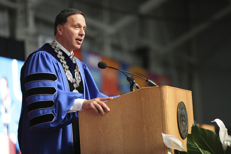 Brandeis President Ron Liebowitz delivers remarks at Commencement. 