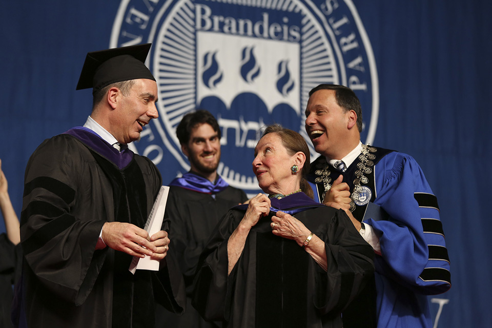Canadian Supreme Court Justice Rosalie Abella is awarded an honorary degree in law. From left to right: Brandeis Alumni Association President Mark Surchin '78; Justice Abella; President Ron Liebowitz.
