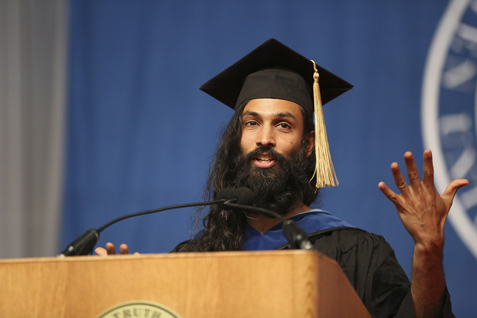 With energy and a keen sense for the rhythmic and poetic, Vivekanand Vimal PhD’17 delivers the graduate student speech at Commencement.