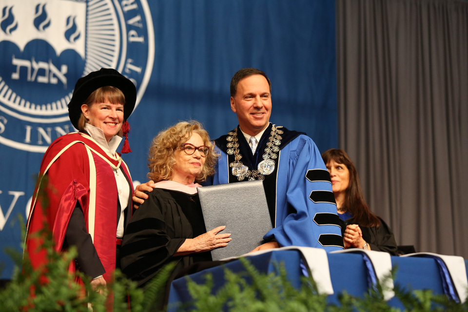 Provost Lisa Lynch, Chava Alberstein, President Ron Liebowitz