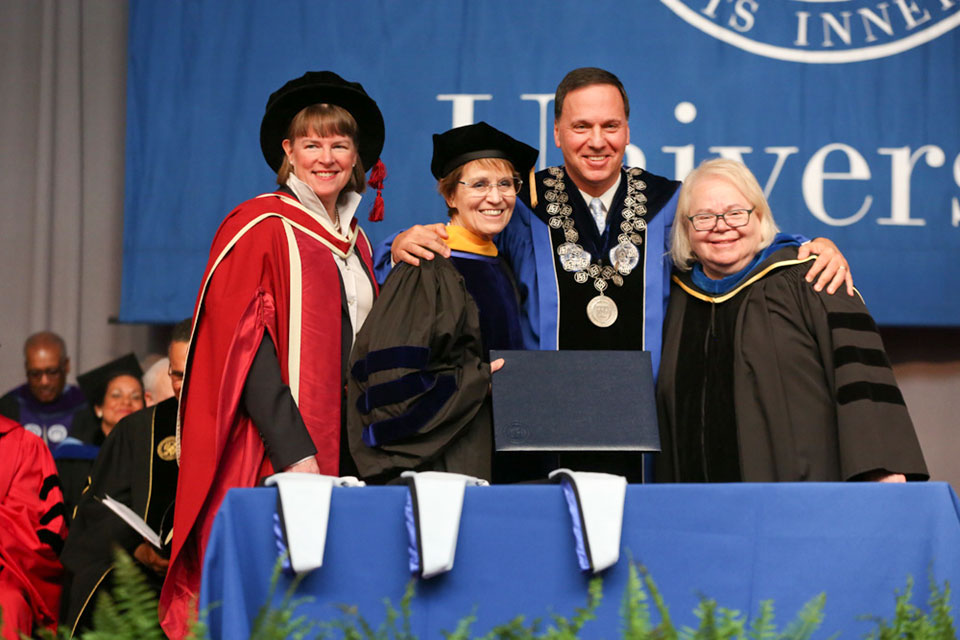 Provost Lisa Lynch, Mary Sue Coleman, President Ron Liebowitz, Eve Marder ’69